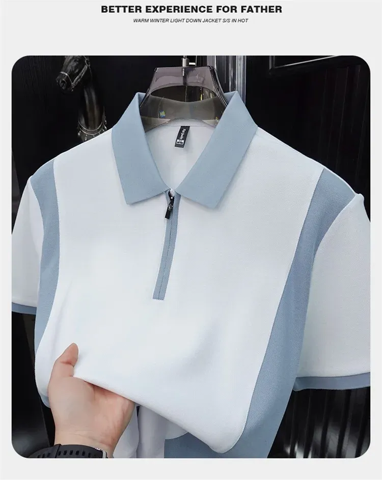 Men's Fashion Patchwork Polo Shirt - Breathable Mercerized Cotton, Short Sleeve, Zipper Detail, Summer Casual Wear showcase 16