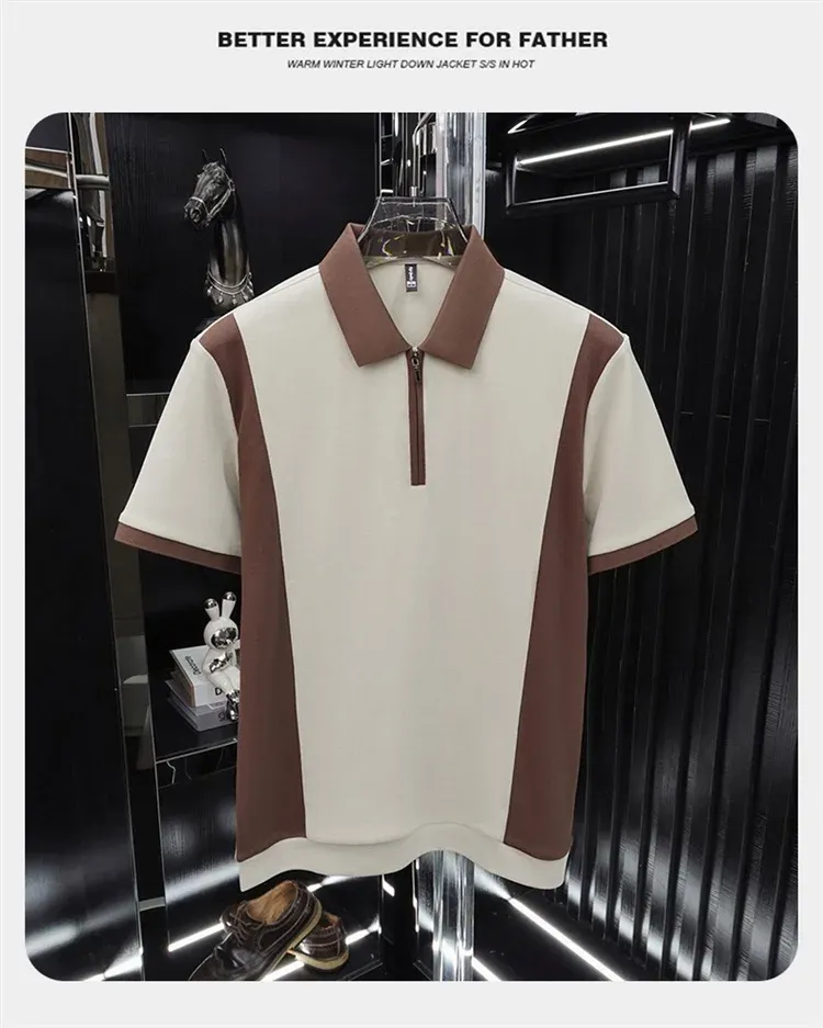 Men's Fashion Patchwork Polo Shirt - Breathable Mercerized Cotton, Short Sleeve, Zipper Detail, Summer Casual Wear showcase 17