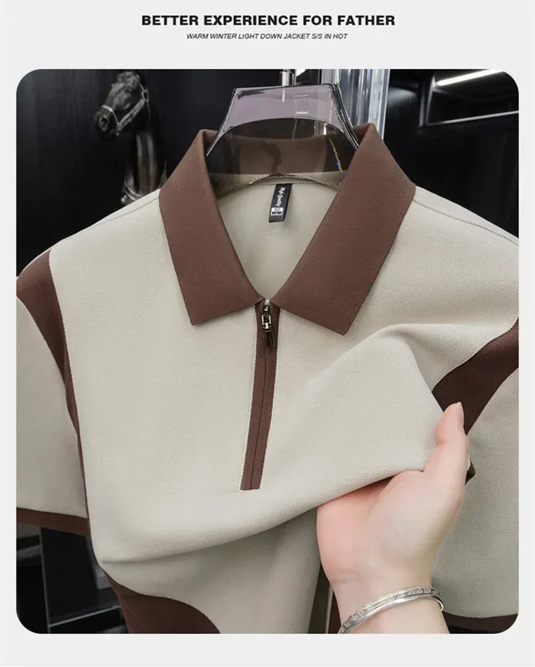 Men's Fashion Patchwork Polo Shirt - Breathable Mercerized Cotton, Short Sleeve, Zipper Detail, Summer Casual Wear showcase 18