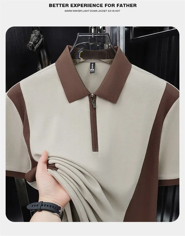 Men's Fashion Patchwork Polo Shirt - Breathable Mercerized Cotton, Short Sleeve, Zipper Detail, Summer Casual Wear showcase 19