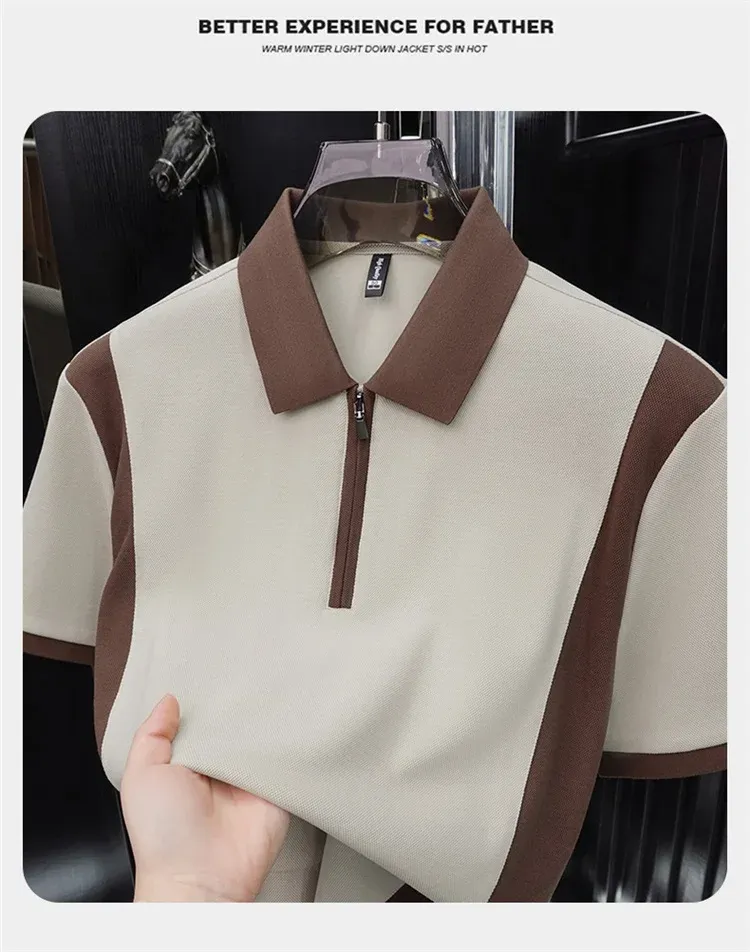 Men's Fashion Patchwork Polo Shirt - Breathable Mercerized Cotton, Short Sleeve, Zipper Detail, Summer Casual Wear showcase 20