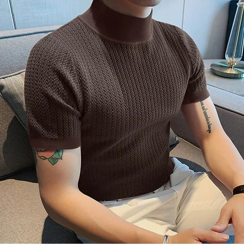 Men's Summer Casual Knitted Base Shirt, European & American Style High Neck T-Shirt, Solid Color Water Ripple Design, Breathable & Comfortable for Everyday Wear - Image 1
