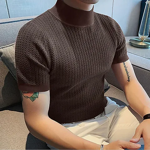 Men's Summer Casual Knitted Base Shirt, European & American Style High Neck T-Shirt, Solid Color Water Ripple Design, Breathable & Comfortable for Everyday Wear