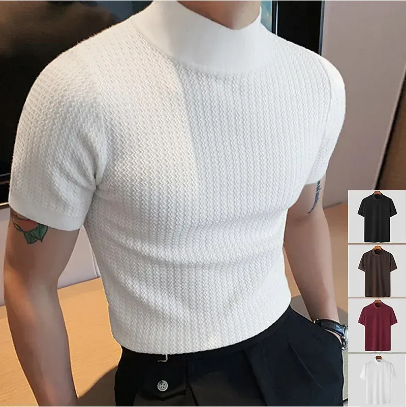 Men's Summer Casual Knitted Base Shirt, European & American Style High Neck T-Shirt, Solid Color Water Ripple Design, Breathable & Comfortable for Everyday Wear - Image 4