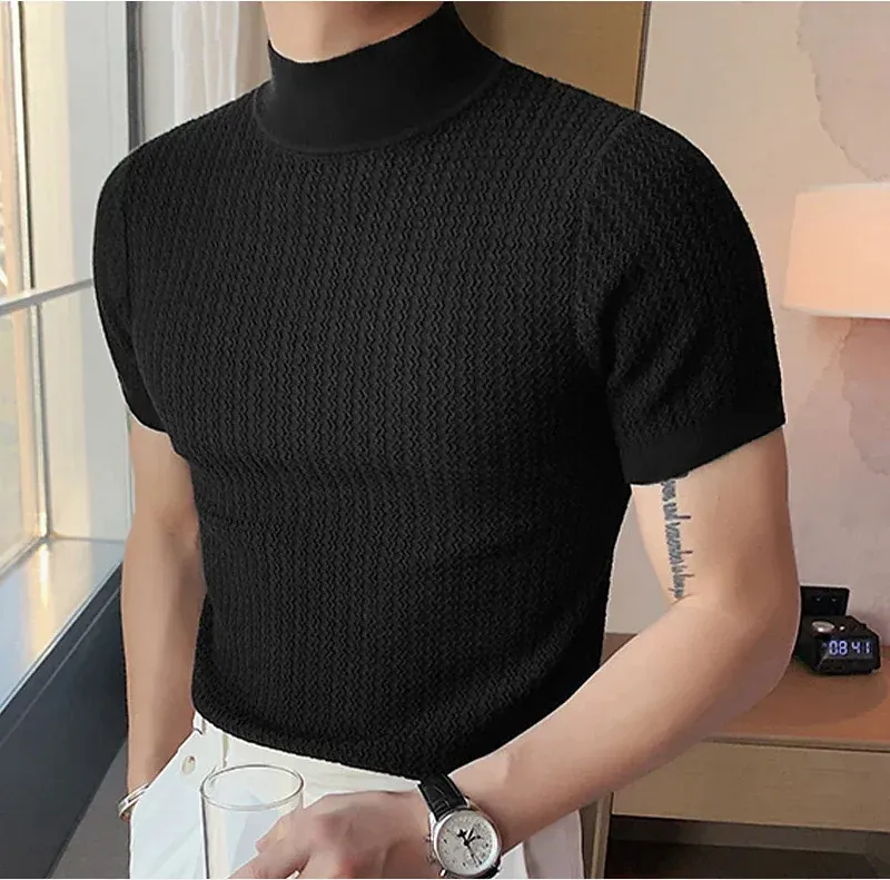 Men's Summer Casual Knitted Base Shirt, European & American Style High Neck T-Shirt, Solid Color Water Ripple Design, Breathable & Comfortable for Everyday Wear - Image 3