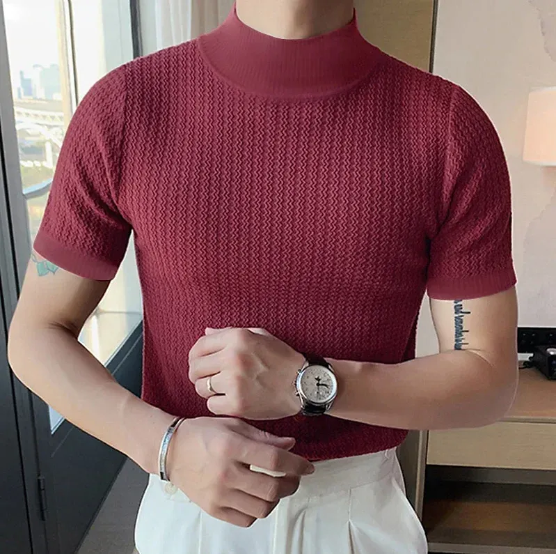 Men's Summer Casual Knitted Base Shirt, European & American Style High Neck T-Shirt, Solid Color Water Ripple Design, Breathable & Comfortable for Everyday Wear - Image 6