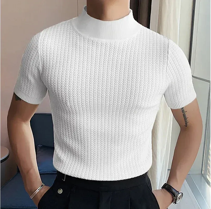 Men's Summer Casual Knitted Base Shirt, European & American Style High Neck T-Shirt, Solid Color Water Ripple Design, Breathable & Comfortable for Everyday Wear showcase 3