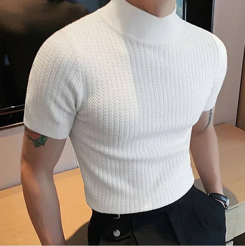 Men's Summer Casual Knitted Base Shirt, European & American Style High Neck T-Shirt, Solid Color Water Ripple Design, Breathable & Comfortable for Everyday Wear showcase 4