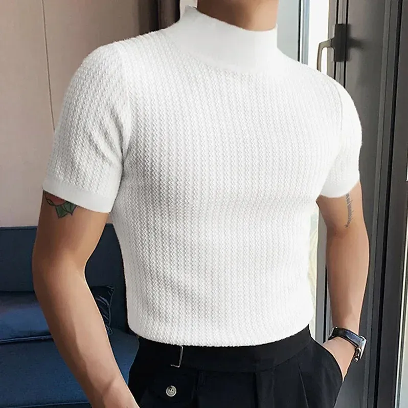 Men's Summer Casual Knitted Base Shirt, European & American Style High Neck T-Shirt, Solid Color Water Ripple Design, Breathable & Comfortable for Everyday Wear showcase 5