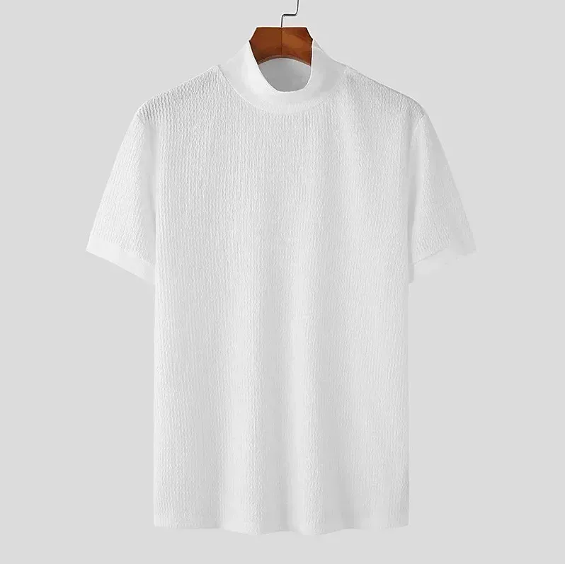 Men's Summer Casual Knitted Base Shirt, European & American Style High Neck T-Shirt, Solid Color Water Ripple Design, Breathable & Comfortable for Everyday Wear showcase 6
