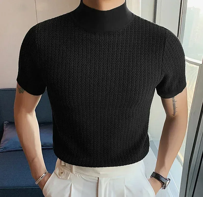 Men's Summer Casual Knitted Base Shirt, European & American Style High Neck T-Shirt, Solid Color Water Ripple Design, Breathable & Comfortable for Everyday Wear showcase 7