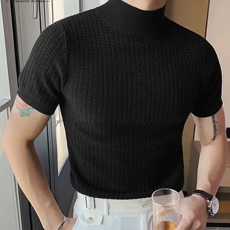 Men's Summer Casual Knitted Base Shirt, European & American Style High Neck T-Shirt, Solid Color Water Ripple Design, Breathable & Comfortable for Everyday Wear showcase 8