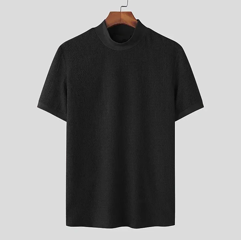 Men's Summer Casual Knitted Base Shirt, European & American Style High Neck T-Shirt, Solid Color Water Ripple Design, Breathable & Comfortable for Everyday Wear showcase 10