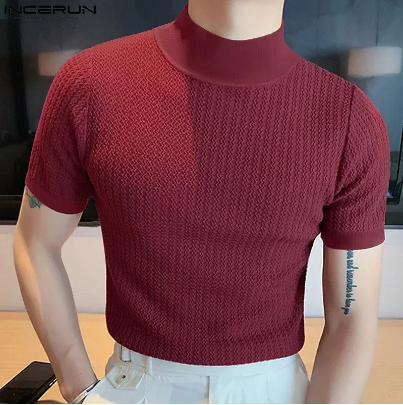 Men's Summer Casual Knitted Base Shirt, European & American Style High Neck T-Shirt, Solid Color Water Ripple Design, Breathable & Comfortable for Everyday Wear showcase 12