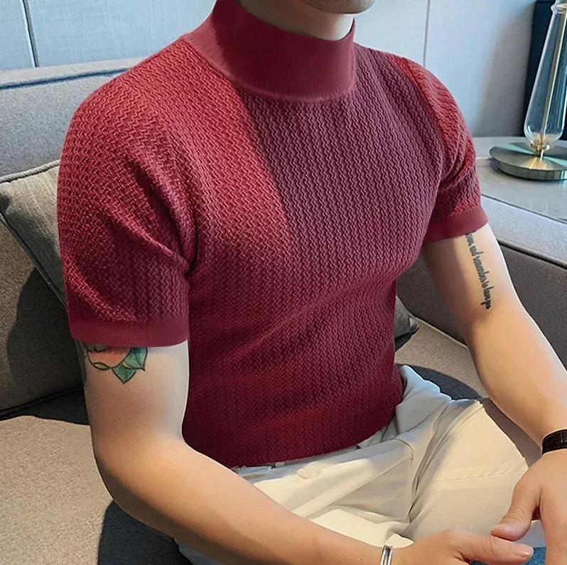 Men's Summer Casual Knitted Base Shirt, European & American Style High Neck T-Shirt, Solid Color Water Ripple Design, Breathable & Comfortable for Everyday Wear showcase 13