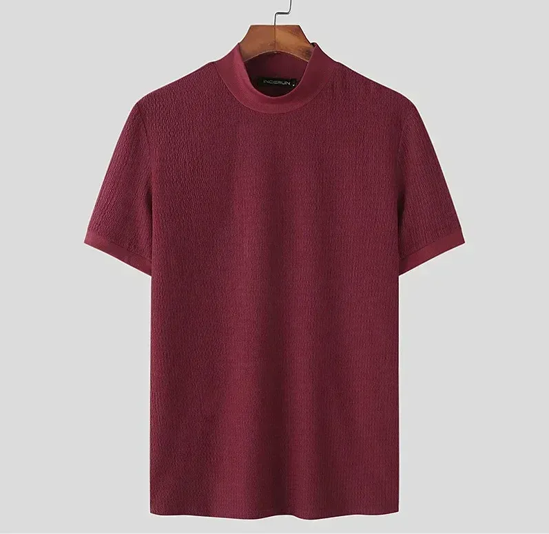 Men's Summer Casual Knitted Base Shirt, European & American Style High Neck T-Shirt, Solid Color Water Ripple Design, Breathable & Comfortable for Everyday Wear showcase 14