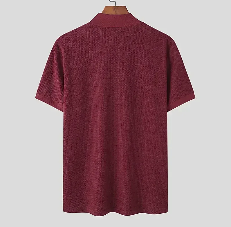 Men's Summer Casual Knitted Base Shirt, European & American Style High Neck T-Shirt, Solid Color Water Ripple Design, Breathable & Comfortable for Everyday Wear showcase 15