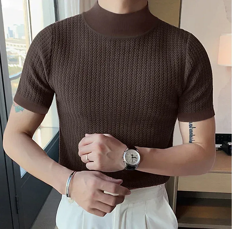 Men's Summer Casual Knitted Base Shirt, European & American Style High Neck T-Shirt, Solid Color Water Ripple Design, Breathable & Comfortable for Everyday Wear showcase 16