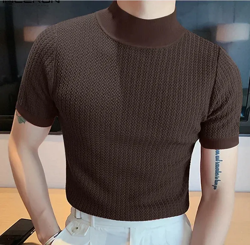 Men's Summer Casual Knitted Base Shirt, European & American Style High Neck T-Shirt, Solid Color Water Ripple Design, Breathable & Comfortable for Everyday Wear showcase 17