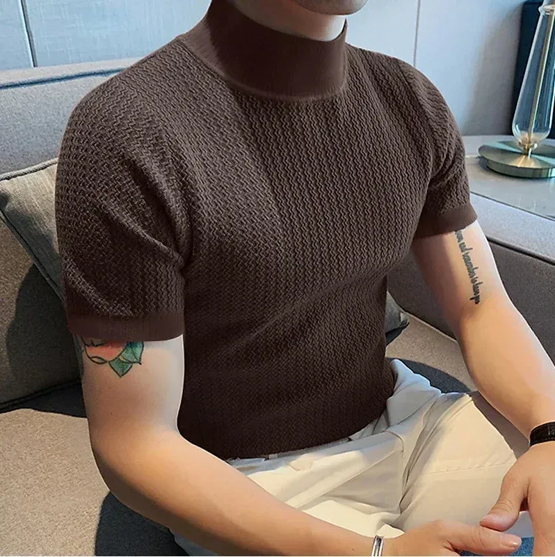 Men's Summer Casual Knitted Base Shirt, European & American Style High Neck T-Shirt, Solid Color Water Ripple Design, Breathable & Comfortable for Everyday Wear showcase 18