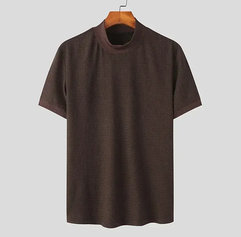 Men's Summer Casual Knitted Base Shirt, European & American Style High Neck T-Shirt, Solid Color Water Ripple Design, Breathable & Comfortable for Everyday Wear showcase 19