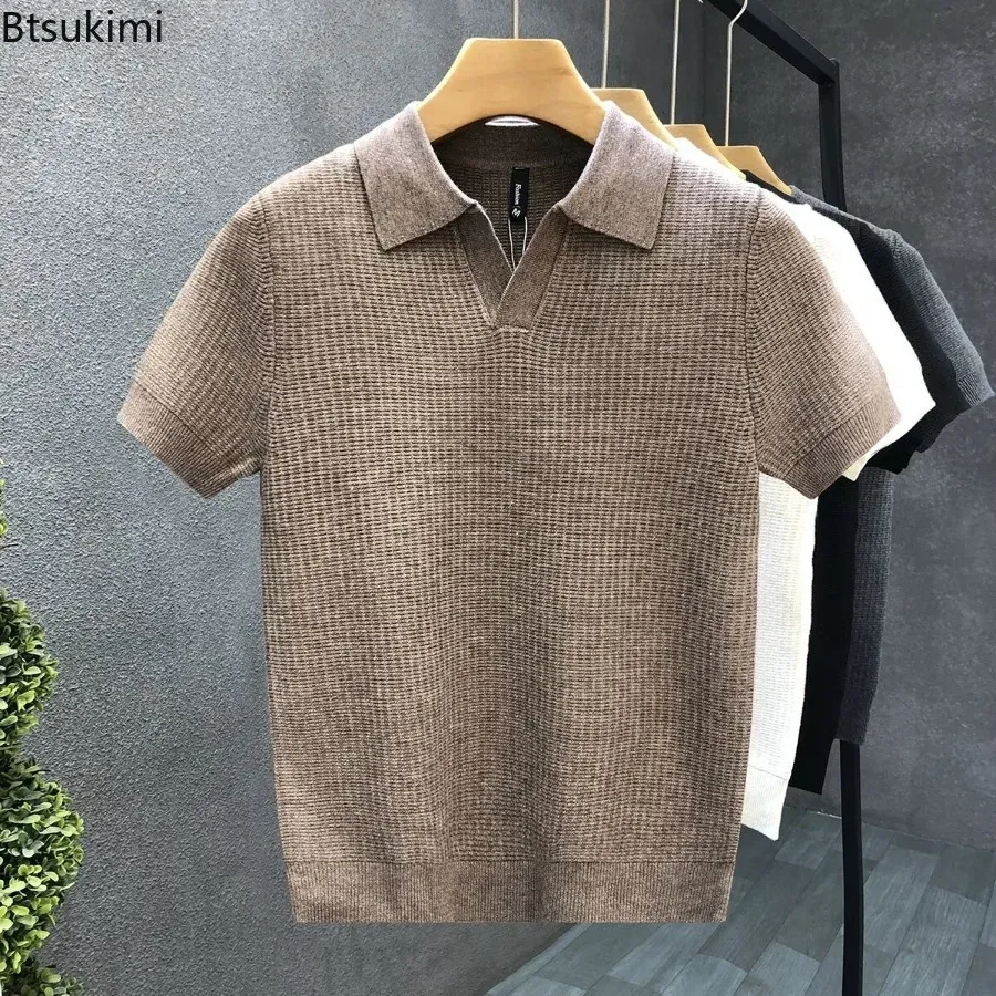 Men's Summer Korean Style Slim Fit Polo Shirt - Wrinkle Resistant Knit T-Shirt with Solid Color Collar, Trendy Casual Thin Sleeve Top for Fashionable Ghanaians thumbnail 4