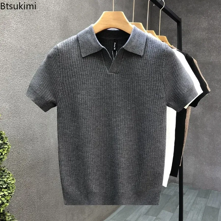 Men's Summer Korean Style Slim Fit Polo Shirt - Wrinkle Resistant Knit T-Shirt with Solid Color Collar, Trendy Casual Thin Sleeve Top for Fashionable Ghanaians thumbnail 3
