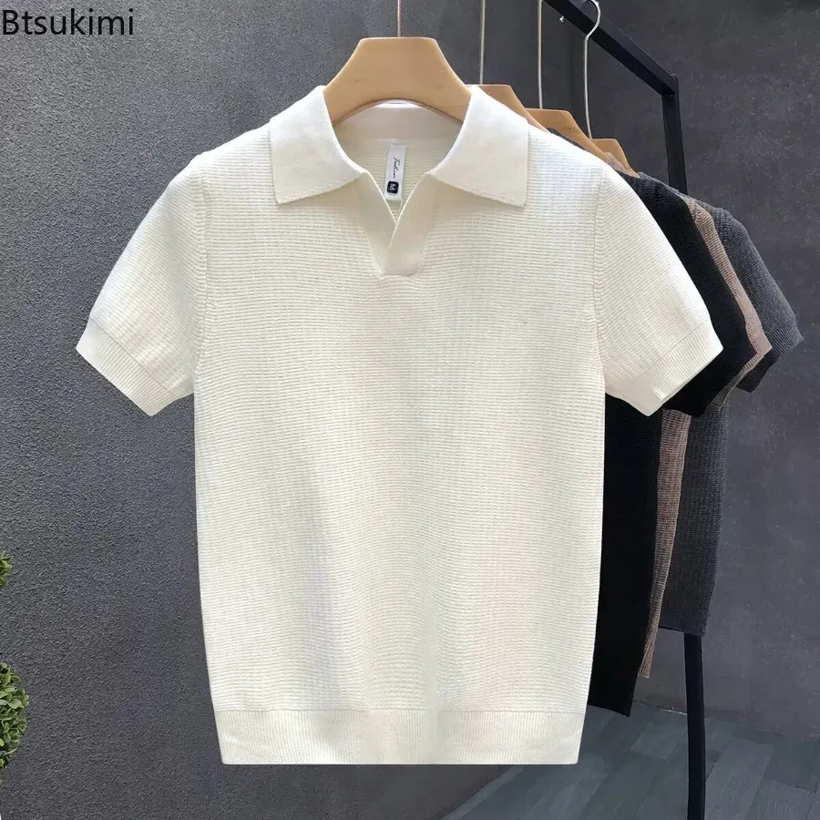 Men's Summer Korean Style Slim Fit Polo Shirt - Wrinkle Resistant Knit T-Shirt with Solid Color Collar, Trendy Casual Thin Sleeve Top for Fashionable Ghanaians thumbnail 1