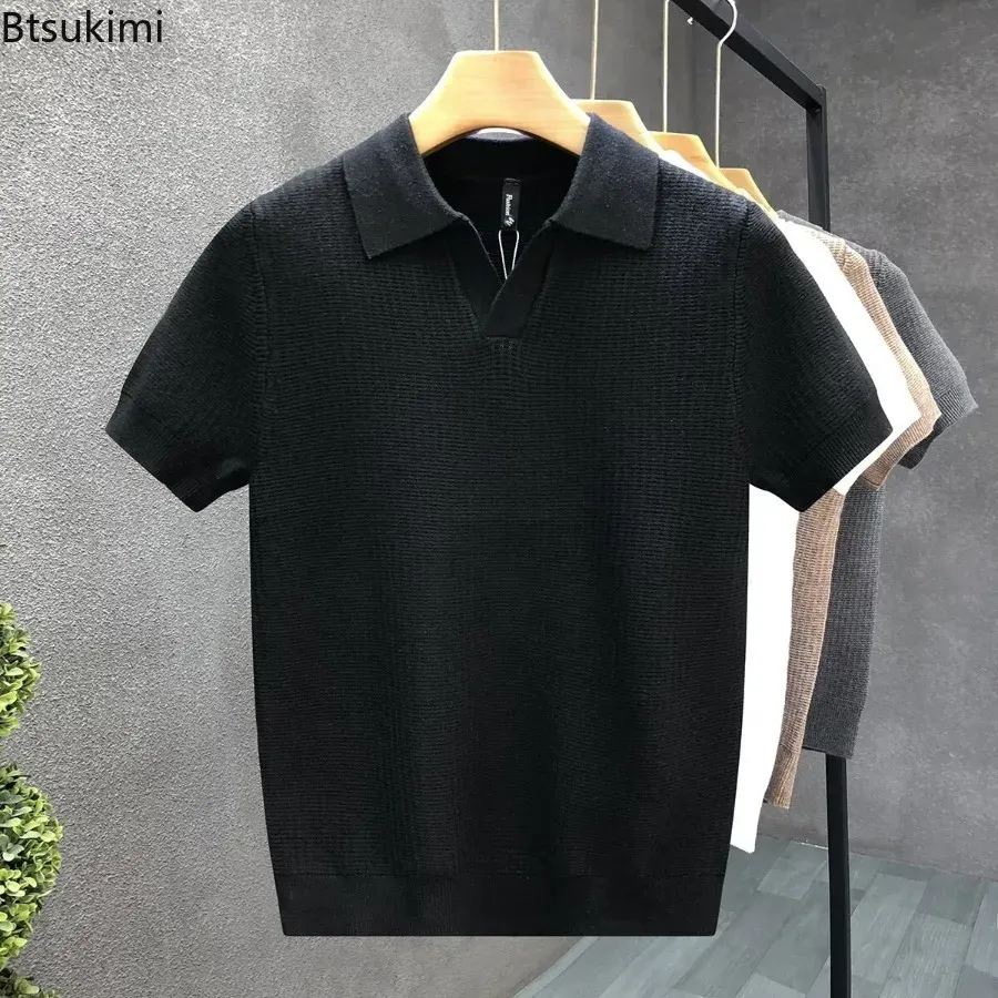 Men's Summer Korean Style Slim Fit Polo Shirt - Wrinkle Resistant Knit T-Shirt with Solid Color Collar, Trendy Casual Thin Sleeve Top for Fashionable Ghanaians thumbnail 2