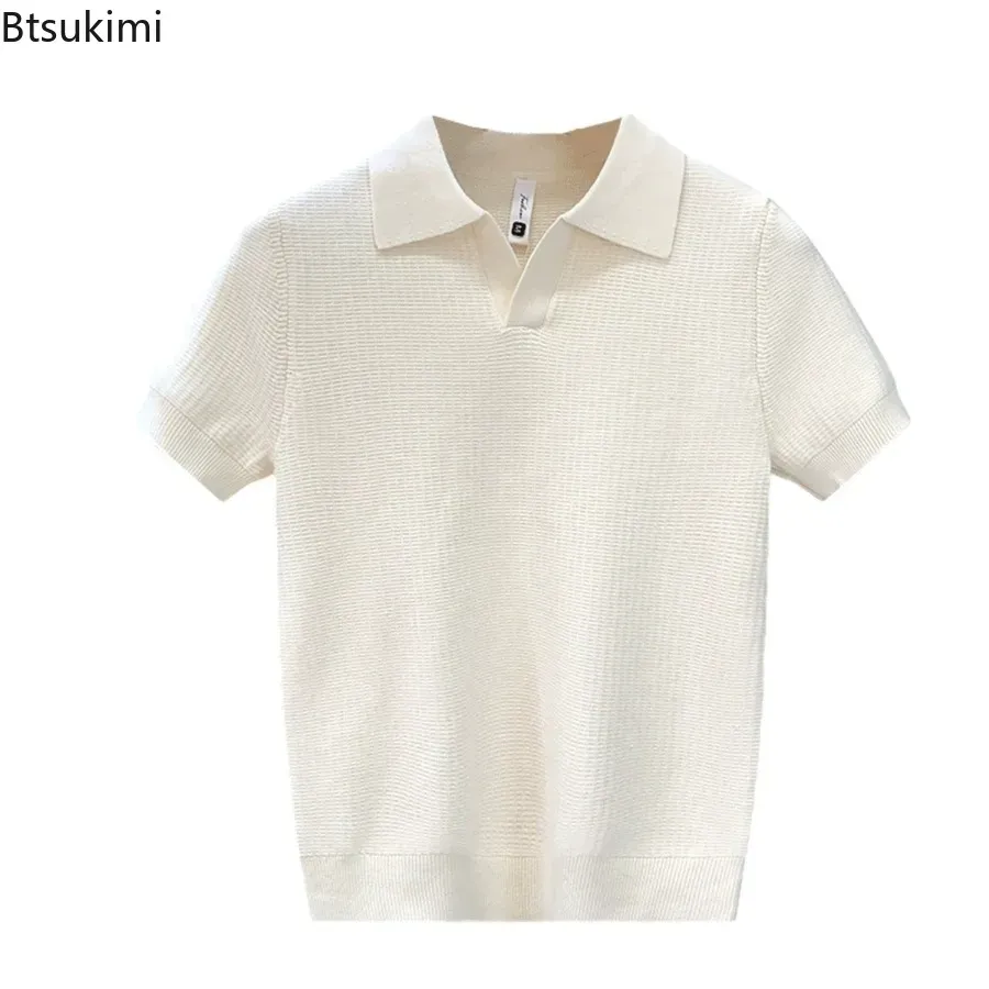 Men's Summer Korean Style Slim Fit Polo Shirt - Wrinkle Resistant Knit T-Shirt with Solid Color Collar, Trendy Casual Thin Sleeve Top for Fashionable Ghanaians thumbnail 5