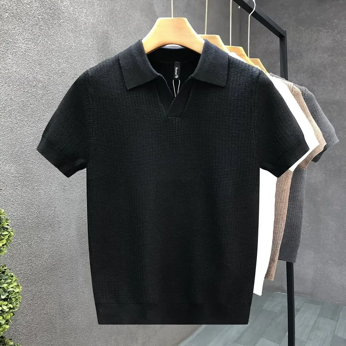 Men's Summer Korean Style Slim Fit Polo Shirt - Wrinkle Resistant Knit T-Shirt with Solid Color Collar, Trendy Casual Thin Sleeve Top for Fashionable Ghanaians showcase 3