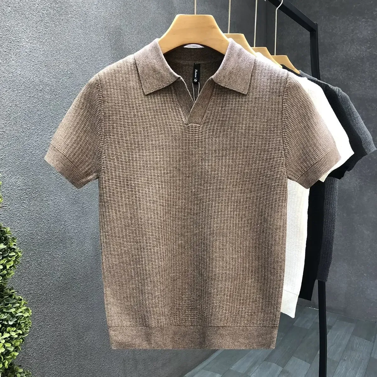 Men's Summer Korean Style Slim Fit Polo Shirt - Wrinkle Resistant Knit T-Shirt with Solid Color Collar, Trendy Casual Thin Sleeve Top for Fashionable Ghanaians showcase 5