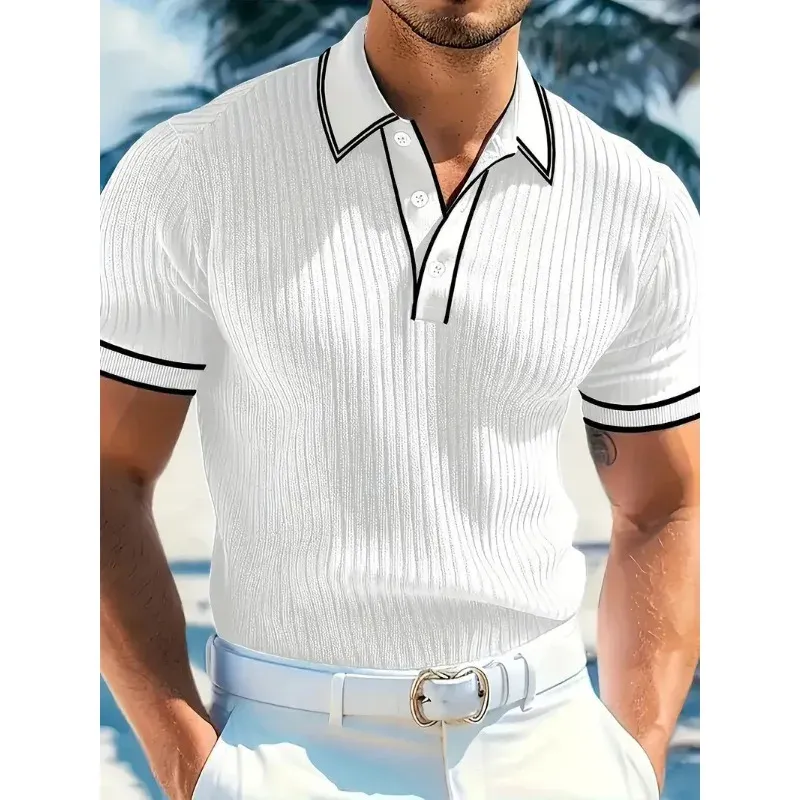 Men's Summer Short Sleeve Polo Shirt - Color Blocked Stripes, Lapel Collar, Breathable Casual Wear - Image 1