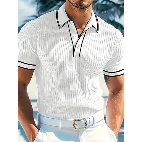 Men's Summer Short Sleeve Polo Shirt - Color Blocked Stripes, Lapel Collar, Breathable Casual Wear