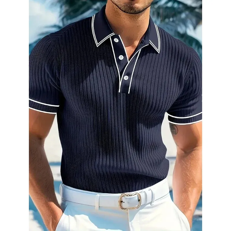 Men's Summer Short Sleeve Polo Shirt - Color Blocked Stripes, Lapel Collar, Breathable Casual Wear - Image 4