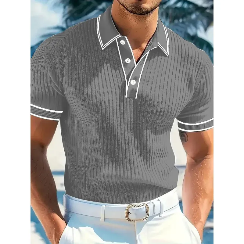 Men's Summer Short Sleeve Polo Shirt - Color Blocked Stripes, Lapel Collar, Breathable Casual Wear - Image 3
