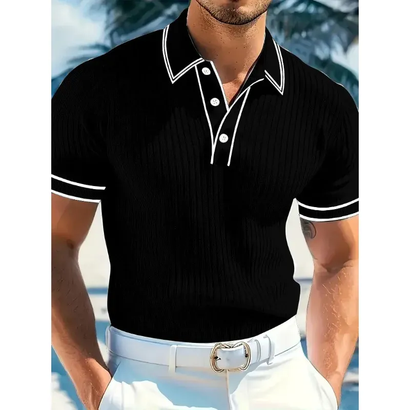 Men's Summer Short Sleeve Polo Shirt - Color Blocked Stripes, Lapel Collar, Breathable Casual Wear - Image 2