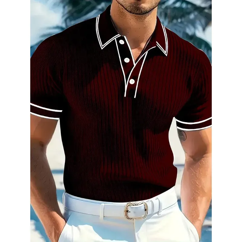 Men's Summer Short Sleeve Polo Shirt - Color Blocked Stripes, Lapel Collar, Breathable Casual Wear - Image 5