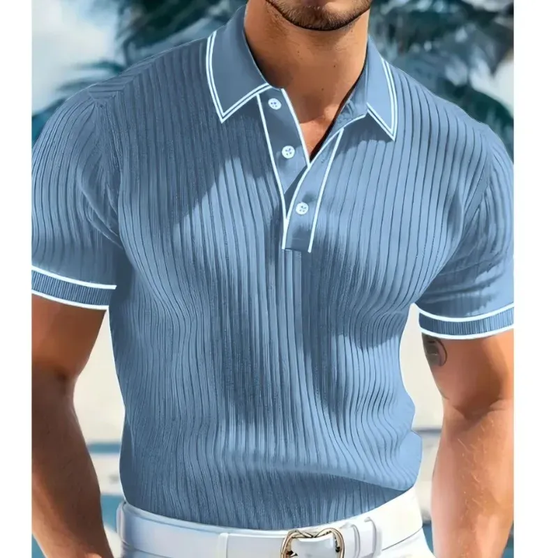 Men's Summer Short Sleeve Polo Shirt - Color Blocked Stripes, Lapel Collar, Breathable Casual Wear - Image 6
