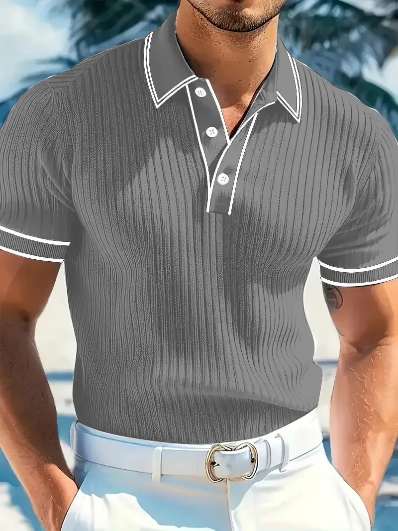 Men's Summer Short Sleeve Polo Shirt - Color Blocked Stripes, Lapel Collar, Breathable Casual Wear showcase 5