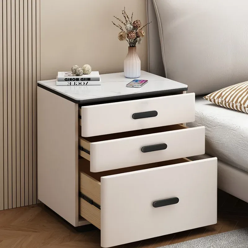 White Japanese Aesthetic Storage Nightstand with Built-in Phone Charger, Mesita De Noche for Bedroom Organization, Modern Dormitory Home Furniture thumbnail 2