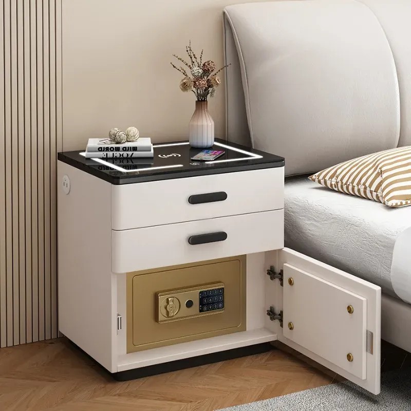 White Japanese Aesthetic Storage Nightstand with Built-in Phone Charger, Mesita De Noche for Bedroom Organization, Modern Dormitory Home Furniture thumbnail 1