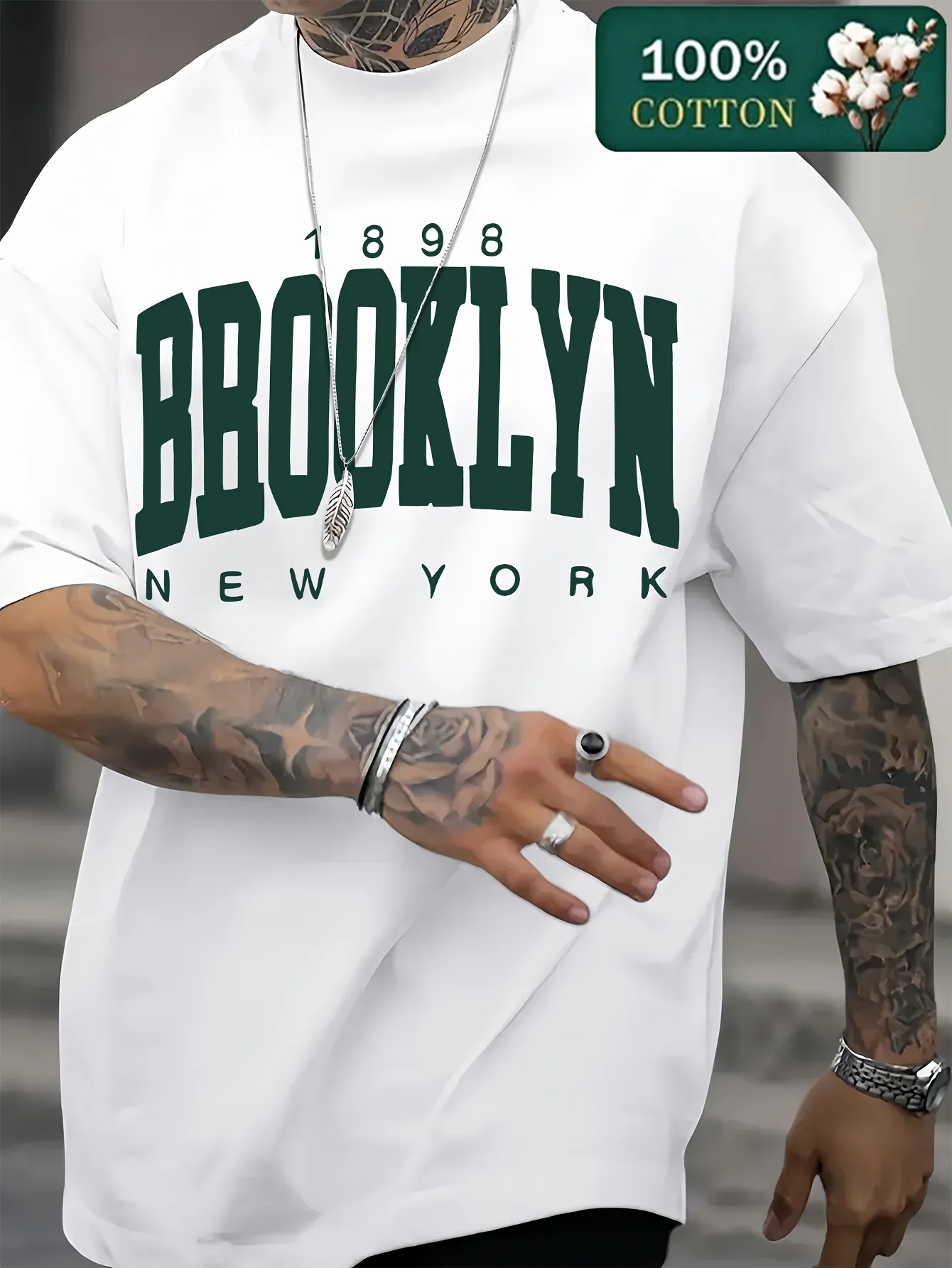 Men's 100% Cotton Summer T-Shirt 1898 Brooklyn NY Graphic Print Casual Loose Fit Round Neck Short Sleeve Versatile Top for Sports & Everyday Wear - Image 1