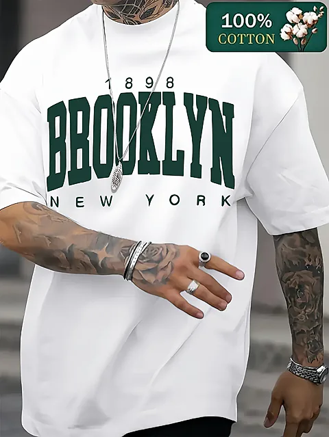 Men's 100% Cotton Summer T-Shirt 1898 Brooklyn NY Graphic Print Casual Loose Fit Round Neck Short Sleeve Versatile Top for Sports & Everyday Wear