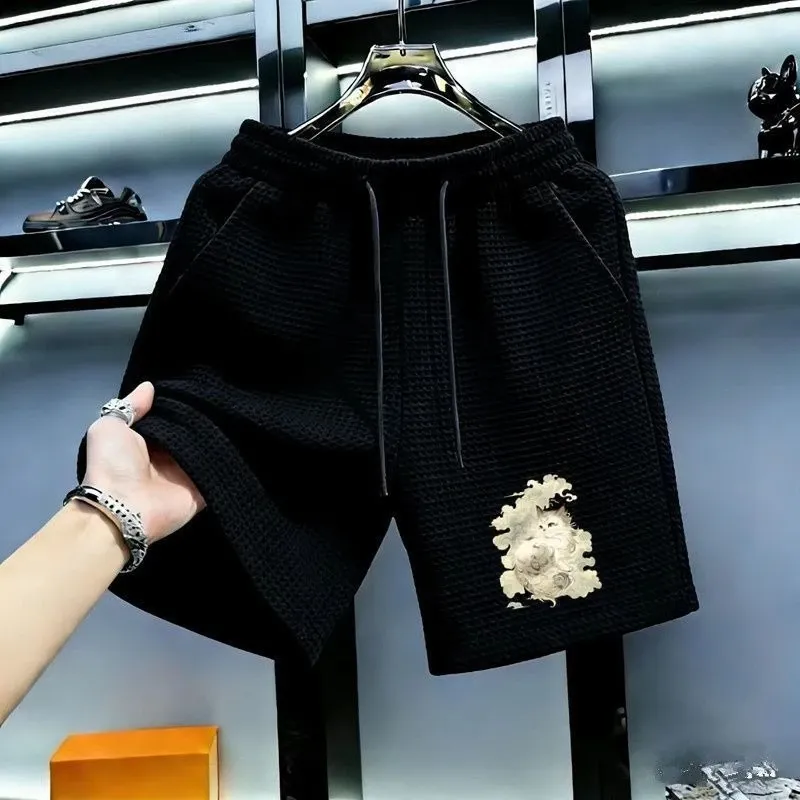 Trendy Waffle Print Drawstring Shorts for Women - Cartoon Five-Quarter Wide Leg Casual Sweatpants, Perfect for Summer Sports & Basketball - Image 3