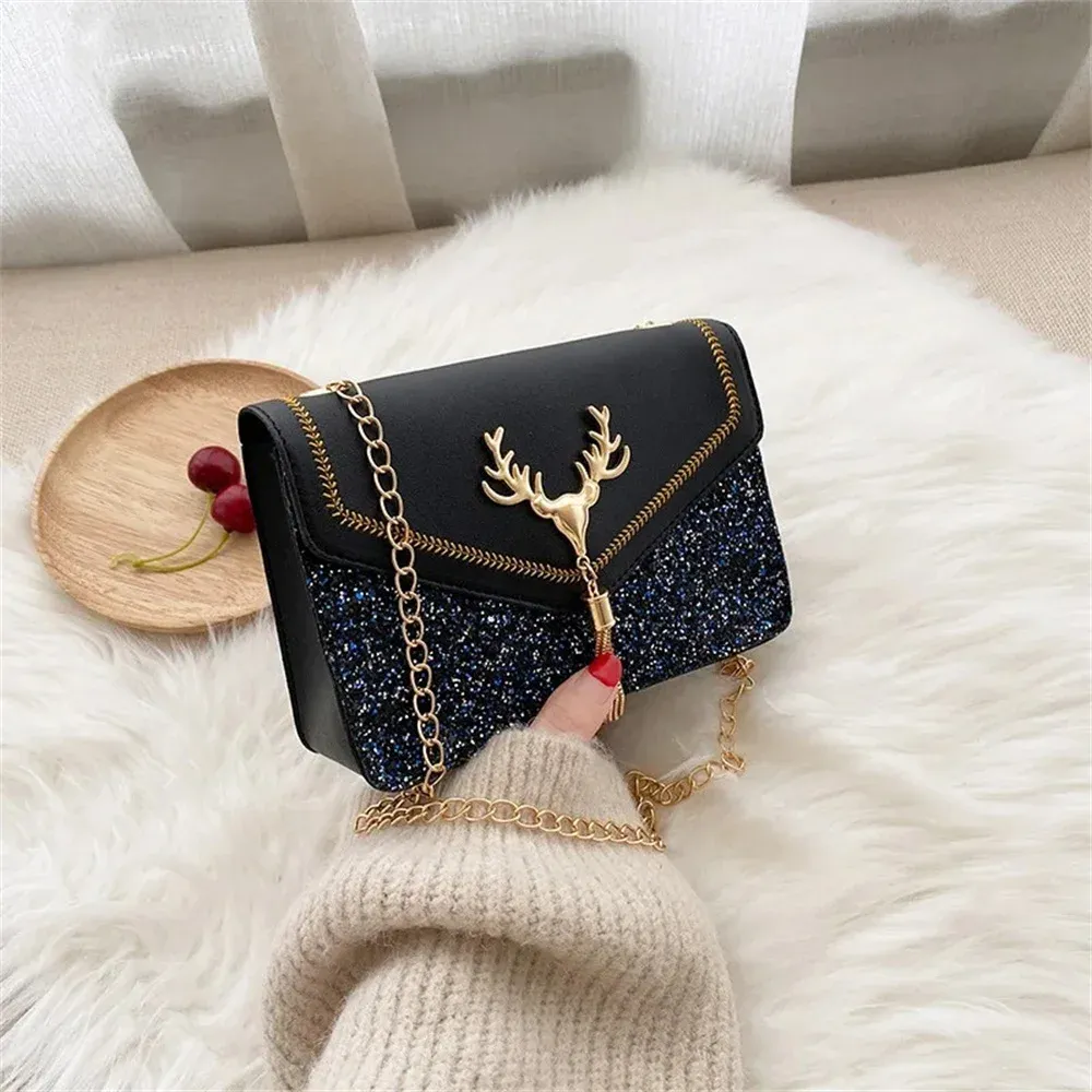 Luxury Deer Head PU Leather Shoulder Bag for Women, Fashionable Chain Underarm Handbag, Small Square Design for Casual Outings & Shopping thumbnail 3