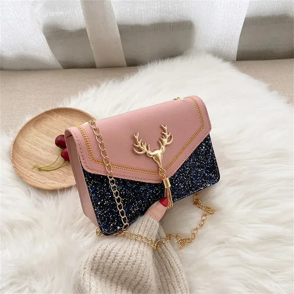 Luxury Deer Head PU Leather Shoulder Bag for Women, Fashionable Chain Underarm Handbag, Small Square Design for Casual Outings & Shopping thumbnail 2