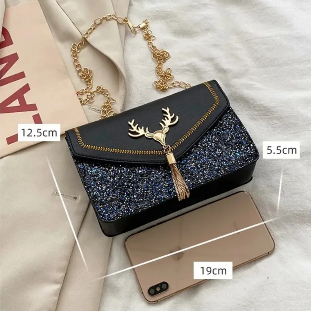 Luxury Deer Head PU Leather Shoulder Bag for Women, Fashionable Chain Underarm Handbag, Small Square Design for Casual Outings & Shopping showcase 8