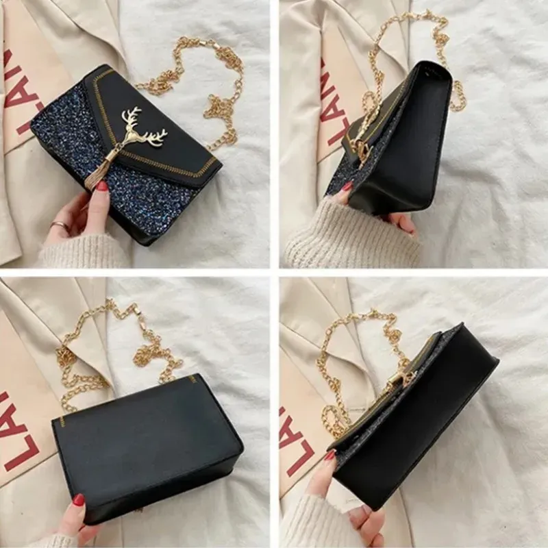 Luxury Deer Head PU Leather Shoulder Bag for Women, Fashionable Chain Underarm Handbag, Small Square Design for Casual Outings & Shopping showcase 14