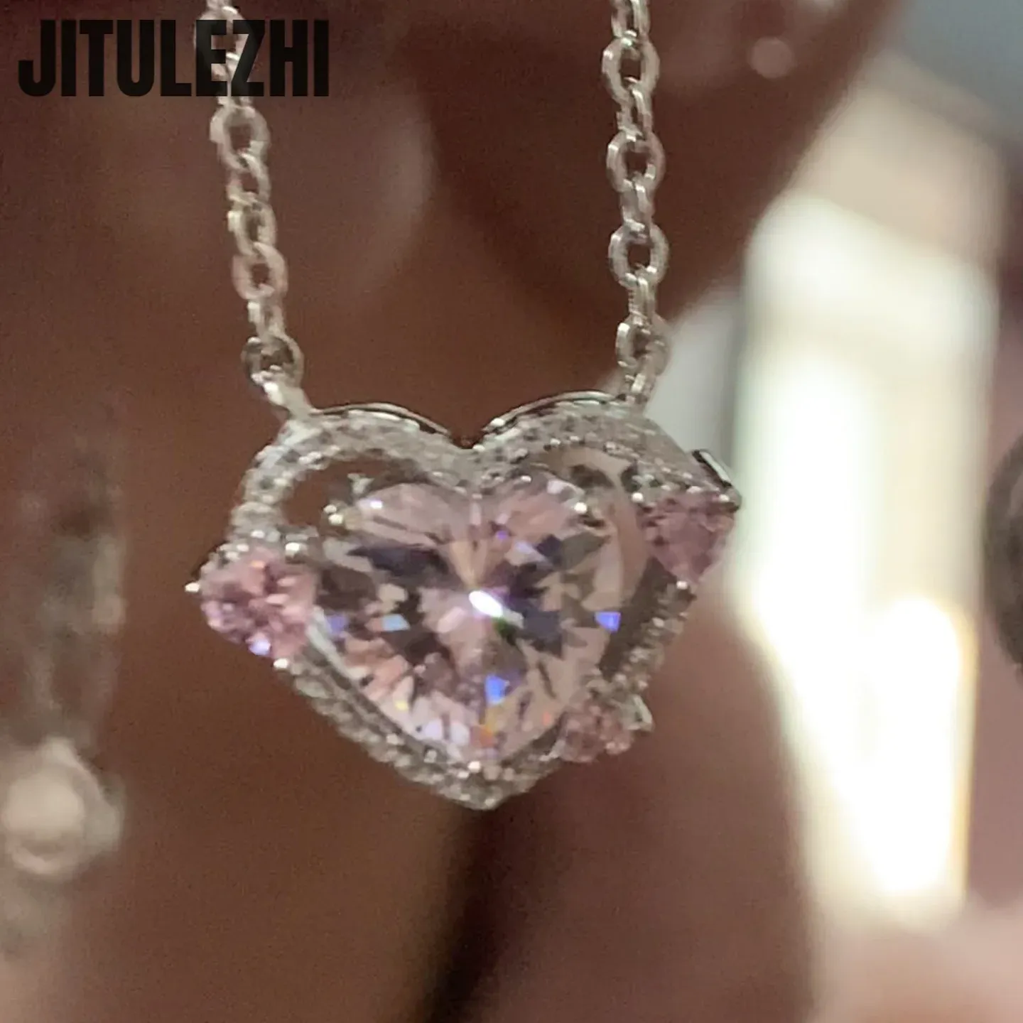 925 Sterling Silver Heart Pendant Necklace for Women, Pink Stone Engagement Wedding Party Jewelry - Image 3